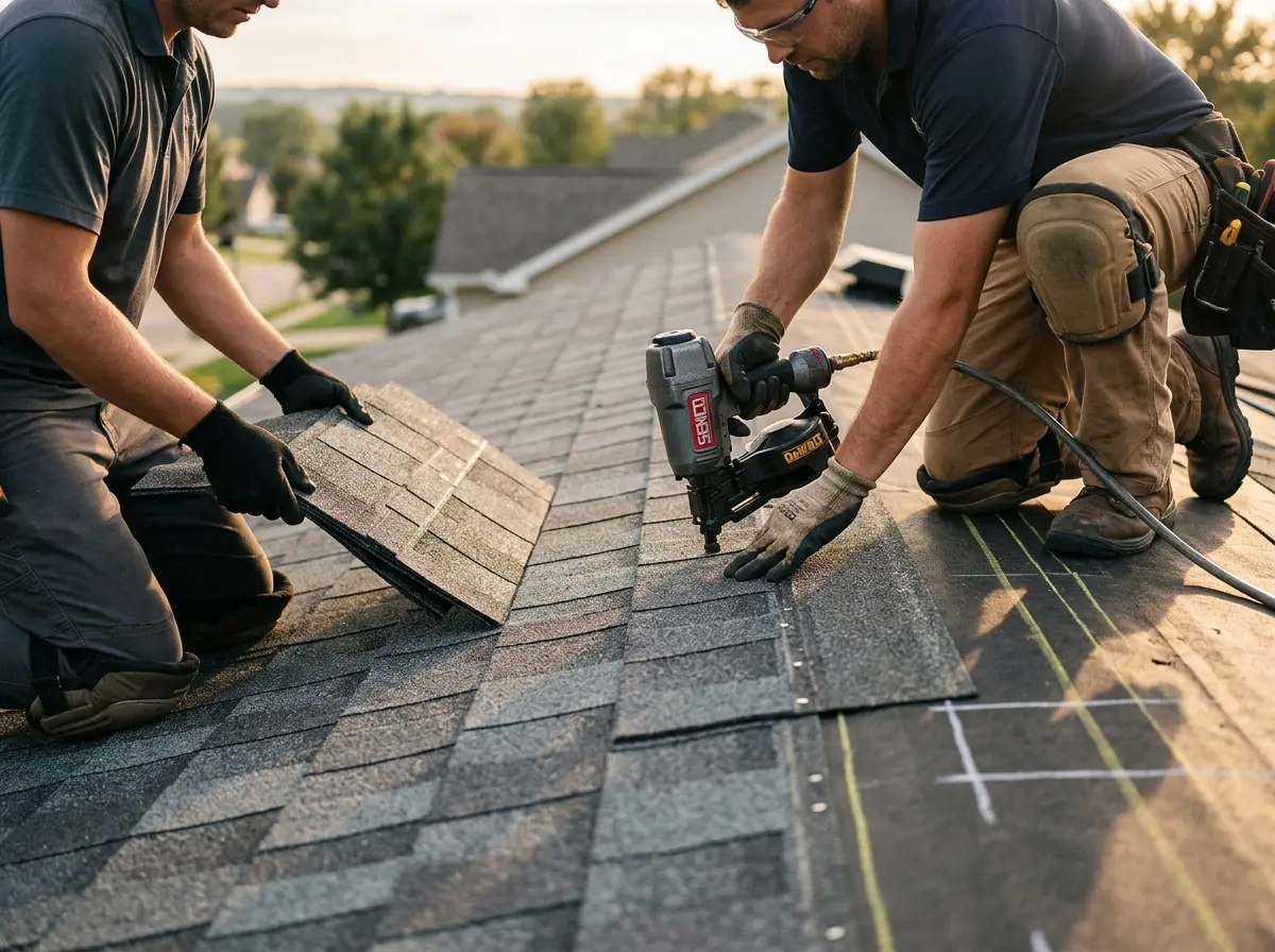 Professional roofer working on a residential roof in Layton